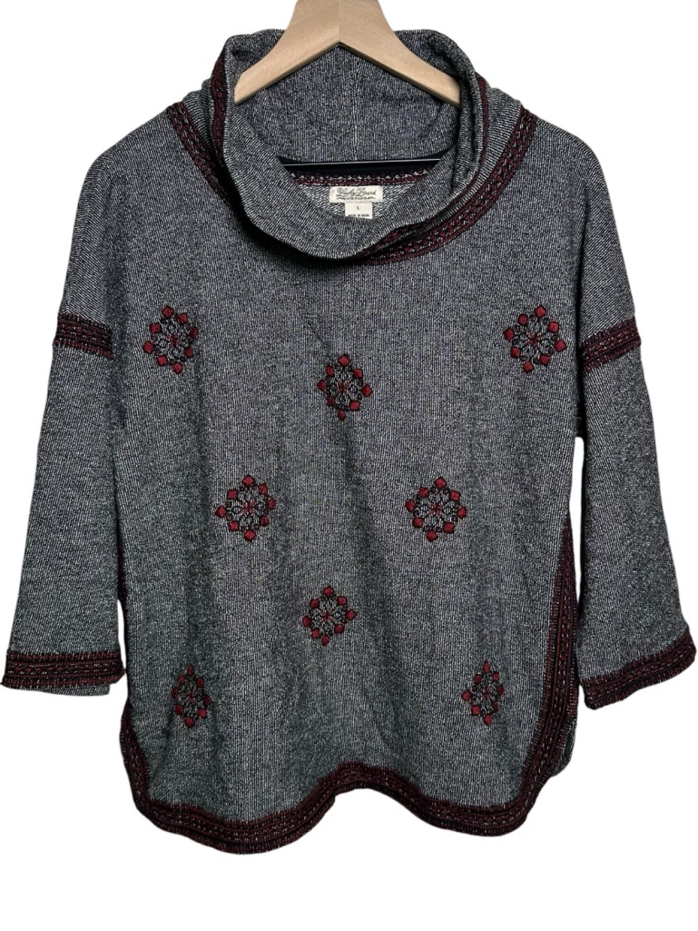 Lucky Brand Sweater Women’s Large Pullover Cowl Neck Gray Embroidered Boho Indie